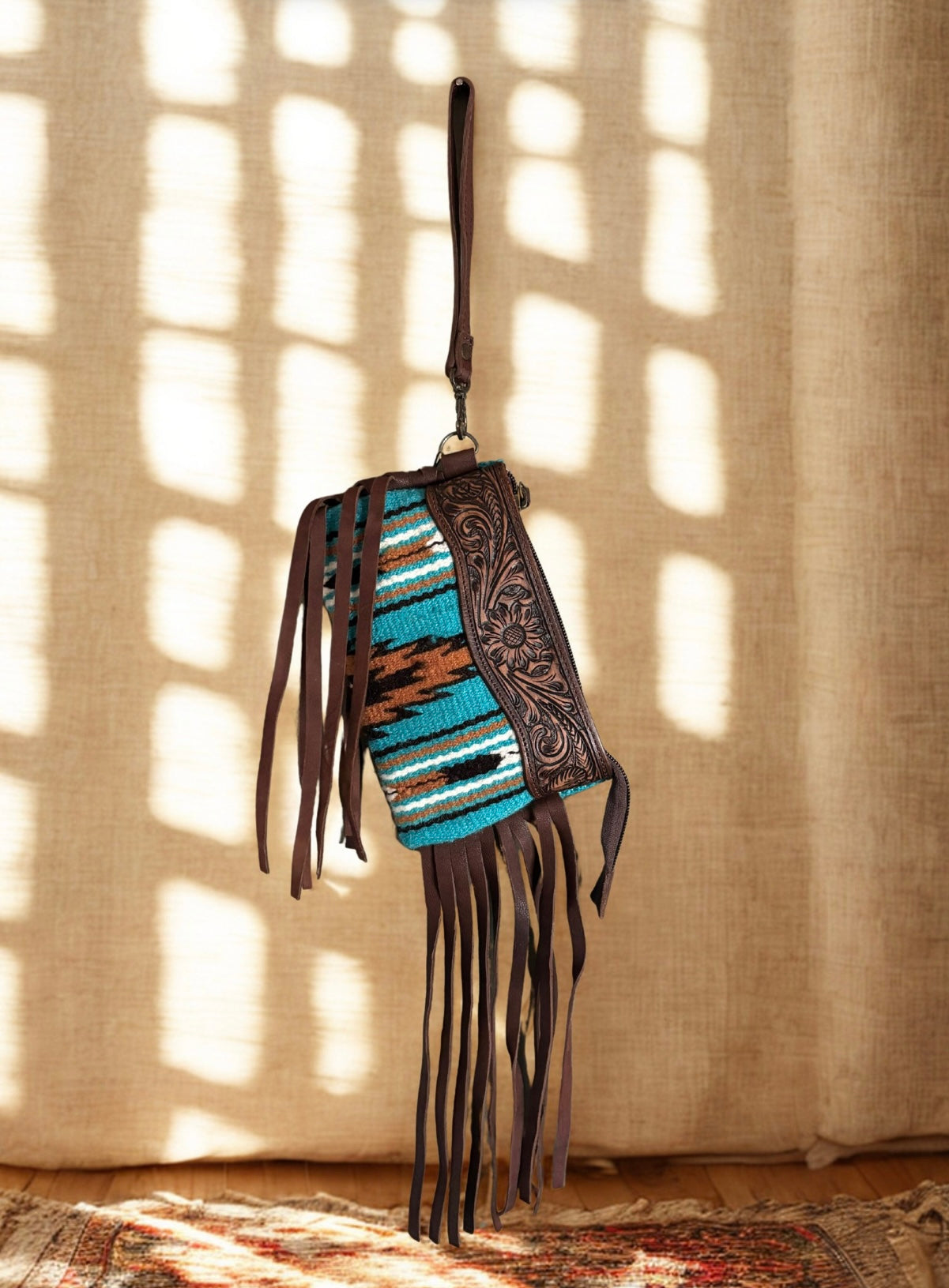 Western fringe genuine leather hand tolled wristlet purse